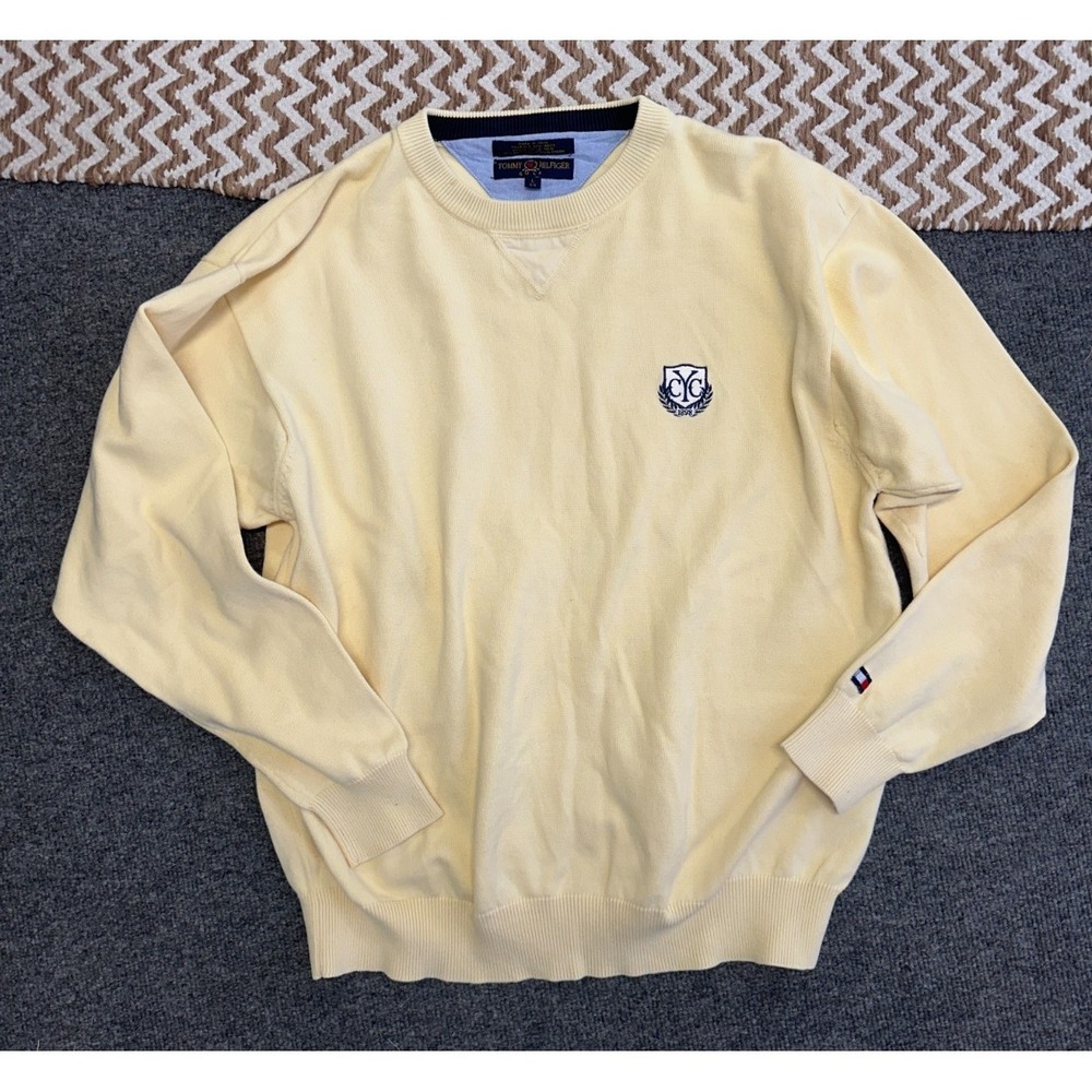 Vintage Tommy Hilfiger Golf Sweater Mens L‎ Yellow Pullover 90s V-Neck Crest